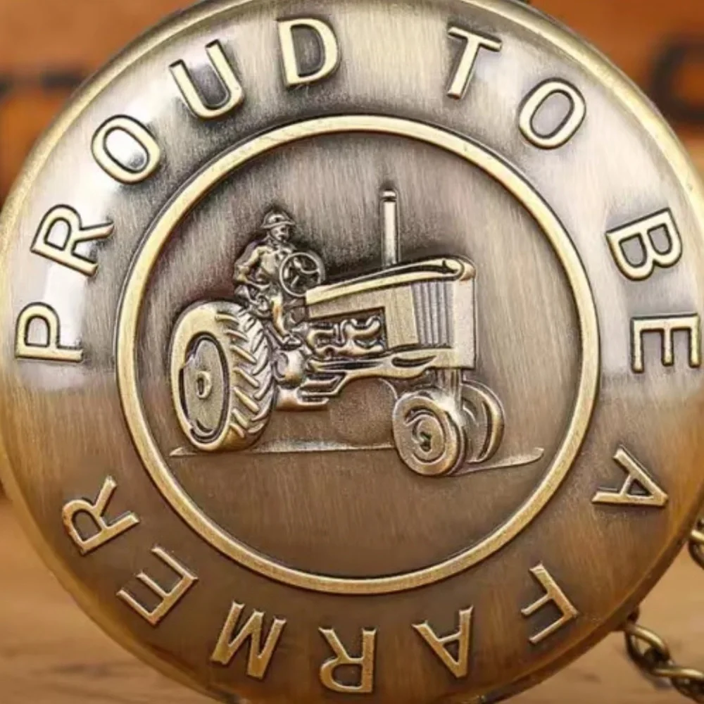 Farmer Bronze Pocket Watch Chained Pendant Retro Quartz Analog Gift Pouch